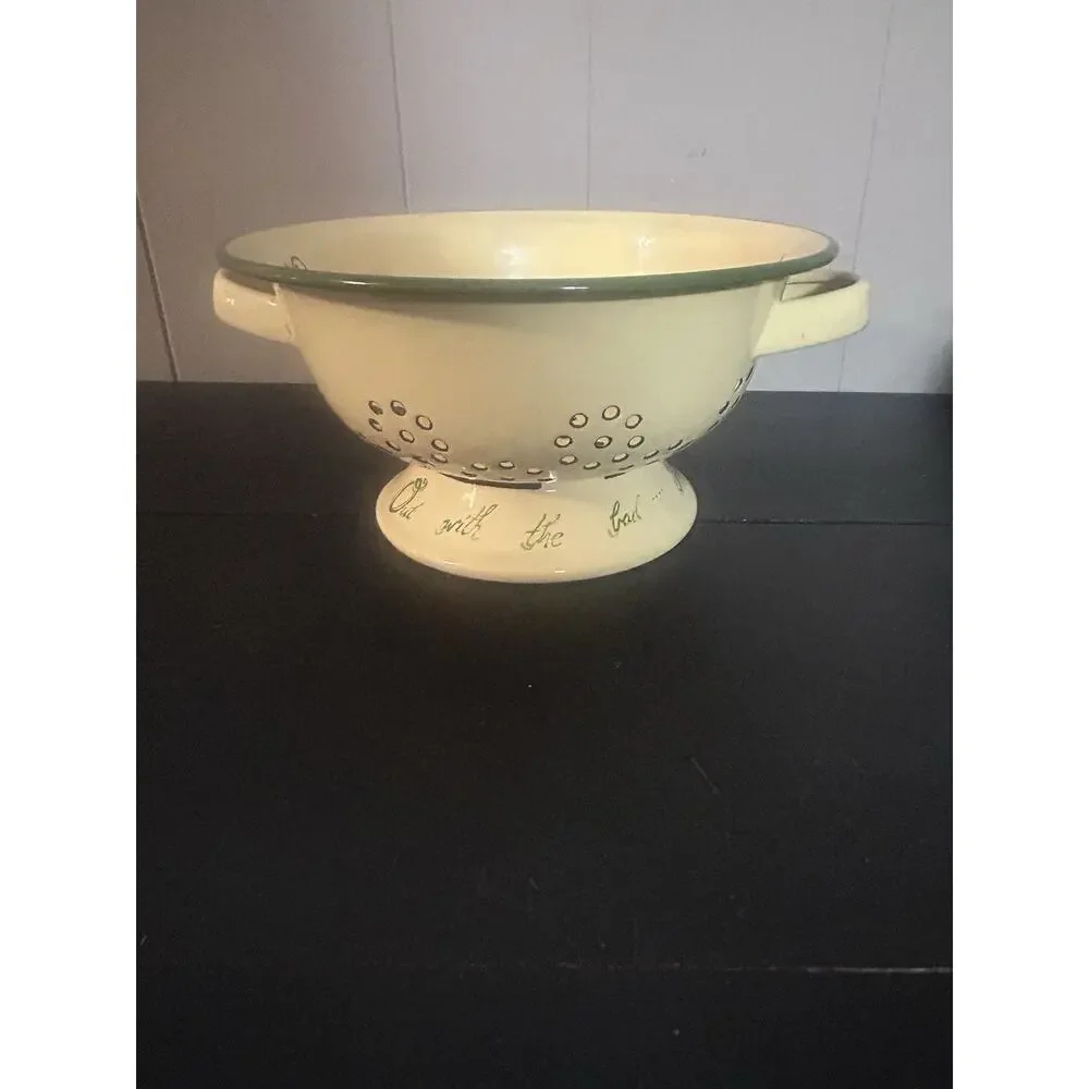 Vintage Enamelware Footed Colander Strainer Yellow Green Floral Farmhouse
